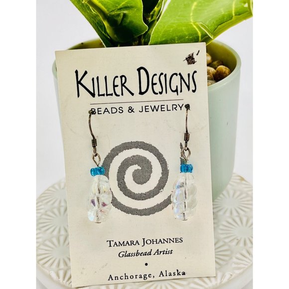 Killer Design | Dangly Clear Bead Drop Earrings with Blue Accent | NEW - Picture 1 of 7